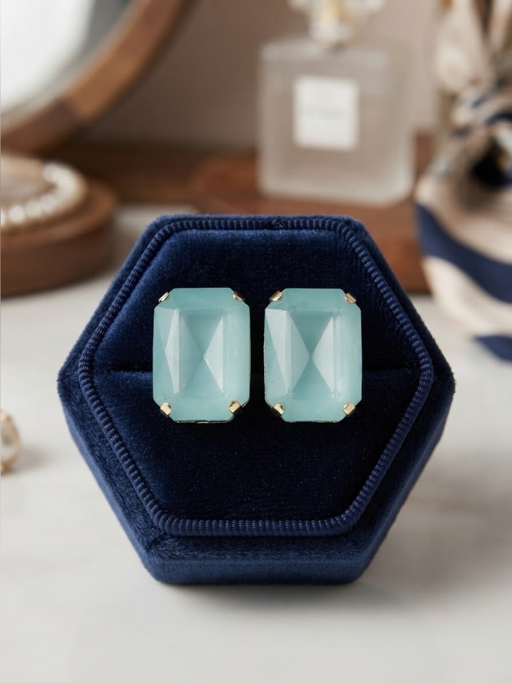 Mint Green Aqua Octagon Crystal Earrings | Gold-Tone Prong Statement Studs